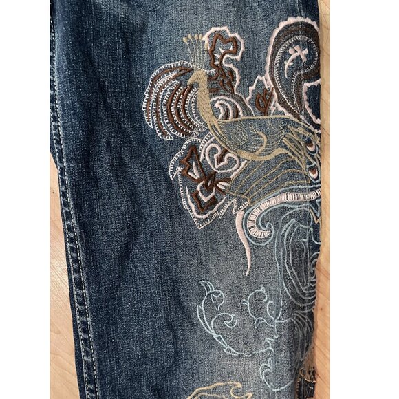 Allen B. Embroidered Paisley Flared Jeans Distressed Blue Rinse Designer Size 27 - Picture 4 of 6